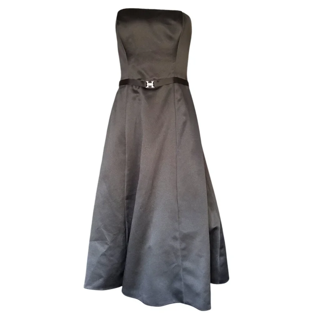Michaelangelo black satin strapless belted tea length A-Line formal‎ dress sz 8